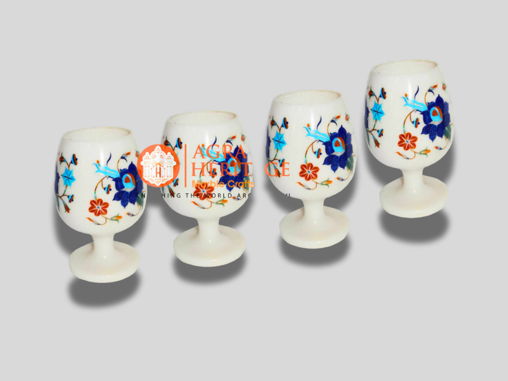 Marble 4 Pcs Wine Glass Inlay Stone Lapis Turquoise Floral Decor